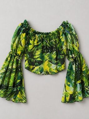 Live 4 Truth Green Tropical Off-Shoulder Bell Sleeve Crop Top